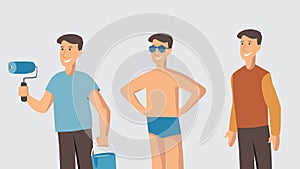 Man character different lifestyle moods Vector Young painter holding a roller, beach and casual style