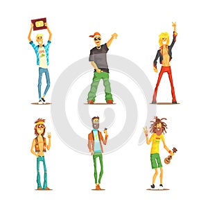 Man Character of Different Subcultures with Blogger, Punk, Hipster and Rastaman Vector Set