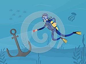 Man Character in Diving Suit and Goggles Swimming Underwater Finding Anchor Vector Illustration