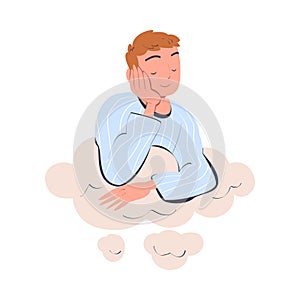 Man Character Dreaming Imagining and Fantasizing Being in the Clouds Vector Illustration