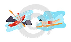 Man Character Engaged in Extreme Sport Kayaking and Surfboarding Vector Set