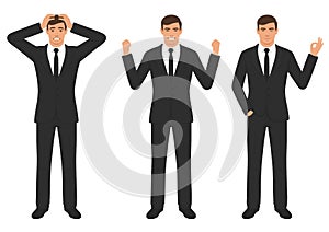 man character expressions with hands gesture, cartoon businessman wit different emotion photo