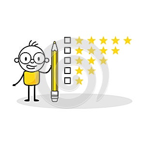 Man character giving feedback. Customer reviews, giving stars quality result, rate the service concept. Vector stock