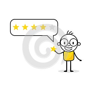 Man character giving five stars positive feedback. Customer reviews, rate the service concept. Vector stock illustration