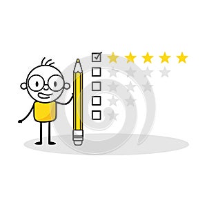 Man character giving five stars positive feedback. Customer reviews, rate the service concept. Vector stock illustration