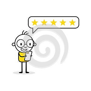 Man character giving five stars positive feedback online. Customer reviews, rate the service concept. Vector stock