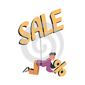 Man Character Hanging on Discount Hook with Percentage Sign Vector Illustration