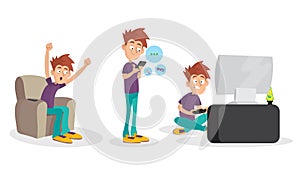 Man Character Having Bad Habits Chatting and Watching TV Vector Illustration Set