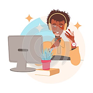 Man Character in Headphones Learning Sitting at Desk with Computer Studying Vector Illustration
