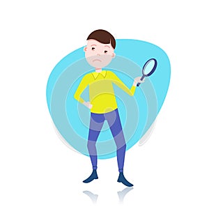 Man character holding zoom magnifying glass template for design work or animation over white background full length flat