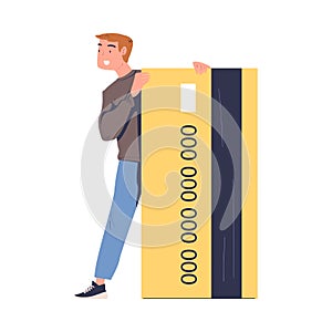 Man Character with Huge Plastic Debit or Credit Card for Paying and Making Deal Vector Illustration