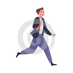 Man Character Hurrying Speaking by Phone Running Fast Feeling Panic of Being Late Vector Illustration