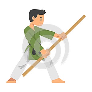 Man Character in Kimono with Stick Engaged in Combat Karate or Judo Sport or Fighting Sport Competing Vector