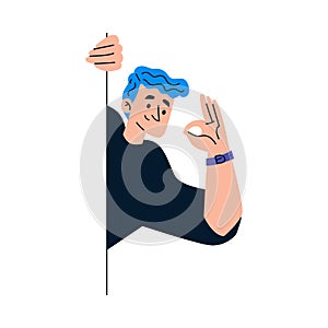 Man Character Looking Out and Peeking from Corner or Wall Showing Ok Gesture Vector Illustration