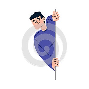 Man Character Looking Out and Peeking from Corner or Wall Vector Illustration