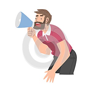 Man Character with Megaphone or Loudspeaker Making Announcement and Advertising Something Vector Illustration
