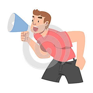 Man Character with Megaphone or Loudspeaker Making Announcement and Advertising Something Vector Illustration