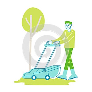 Man Character Mow Lawn in Garden or Public City Park. Gardener or Worker Pushing Lawn Mower Machine