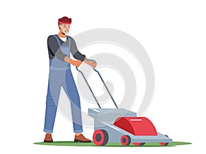 Man Character Mow Lawn in Garden or Public City Park. Gardener or Worker Pushing Lawn Mower Machine for Landscaping Yard