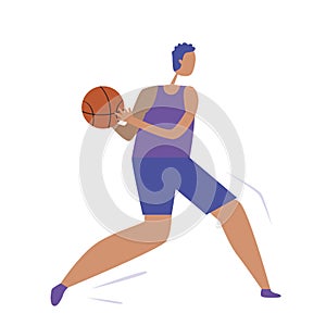 Man or character playing basketball with a ball in his hands, flat vector stock illustration with a young or adult gay isolated on