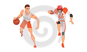 Man Character Playing Basketball and Rugby Game Vector Set