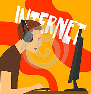 Man character playing computer games, internet dependence, bad habit and addiction of modern society vector Illustration