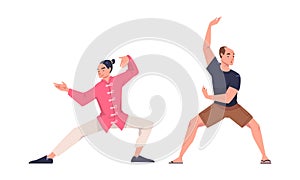 Man Character Practicing Tai Chi and Qigong Exercise as Internal Chinese Martial Art Vector Set