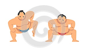 Man Character Rikishi Engaged in Combat Sport or Fighting Sport Vector Set