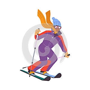 Man Character in Scarf Skiing at Mountain Ski Resort in Winter Season Vector Illustration