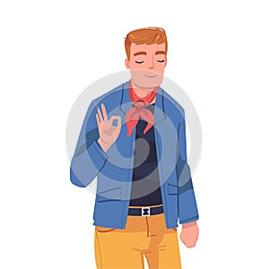 Man Character Showing Positive Ok or Ring Hand Gesture Vector Illustration