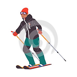 Man Character Skiing at Mountain Ski Resort in Winter Season Vector Illustration