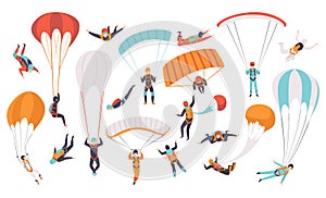 Man Character Skydiving Falling Down with Parachute and Paragliding Big Vector Set