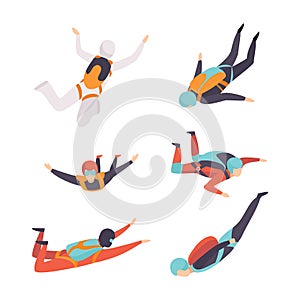 Man Character Skydiving Falling Down with Parachute Vector Set