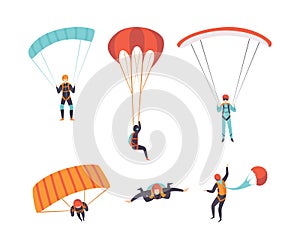 Man Character Skydiving Falling Down with Parachute Vector Set