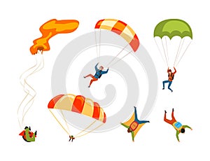 Man Character Skydiving Falling Down with Parachute Vector Set