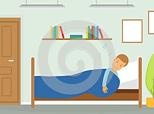 Man Character Sleeping in His Bed on Soft Pillow Vector Illustration
