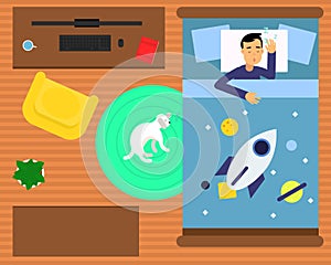 Man Character Sleeping on Soft Pillow in His Bed Covered with Blanket Vector Illustration