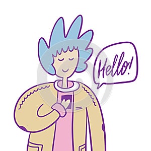 Man character with a smartphone. Hello chat phrase. Social media influence concept. Vector flat cartoon illustration