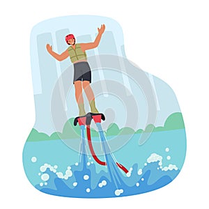 Man Character Soaring On Flyboard With Water Propulsion, Performing Aerial Tricks And Stunts, While Enjoying The Thrill