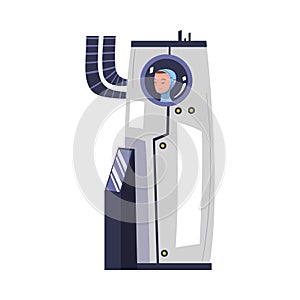 Man Character Standing in Metal Cryogenic Chamber with Tubes as Science and Discovery Vector Illustration