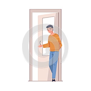 Man Character Standing at Open Door Leaning on Doorpost Entering or Leaving Home Vector Illustration