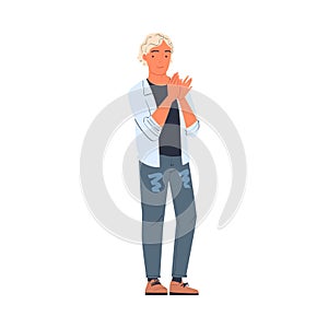 Man Character Standing Ovation Clapping His Hands as Applause and Acclaim Gesture Vector Illustration