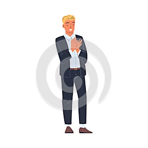 Man Character in Suit Standing Ovation Clapping His Hands as Applause and Acclaim Gesture Vector Illustration