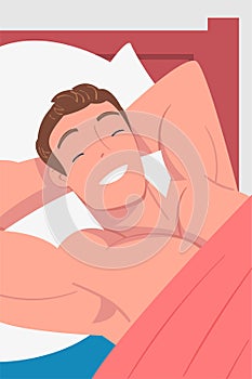 Man Character Waking Up Feeling Happy Lying in Bed Ready to Get Up in the Morning Vector Illustration