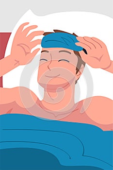 Man Character Waking Up Feeling Happy Lying in Bed in Sleeping Mask Ready to Get Up in the Morning Vector Illustration