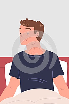 Man Character Waking Up Feeling Happy Sitting in Bed Ready to Get Up in the Morning Vector Illustration