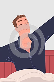 Man Character Waking Up Feeling Happy Stretching Out in Bed Ready to Get Up in the Morning Vector Illustration