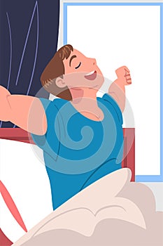 Man Character Waking Up Feeling Happy Stretching Out in Bed Ready to Get Up in the Morning Vector Illustration