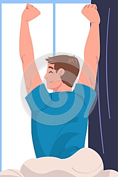 Man Character Waking Up Feeling Happy Stretching Out in Bed Ready to Get Up in the Morning Vector Illustration