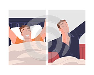 Man Character Waking Up Feeling Happy Stretching Out in Bed Ready to Get Up in the Morning Vector Set